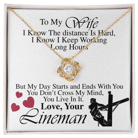 Lineman's Wife - Love Knot Necklace - White/Yellow Plated - Message Card & Gift Box