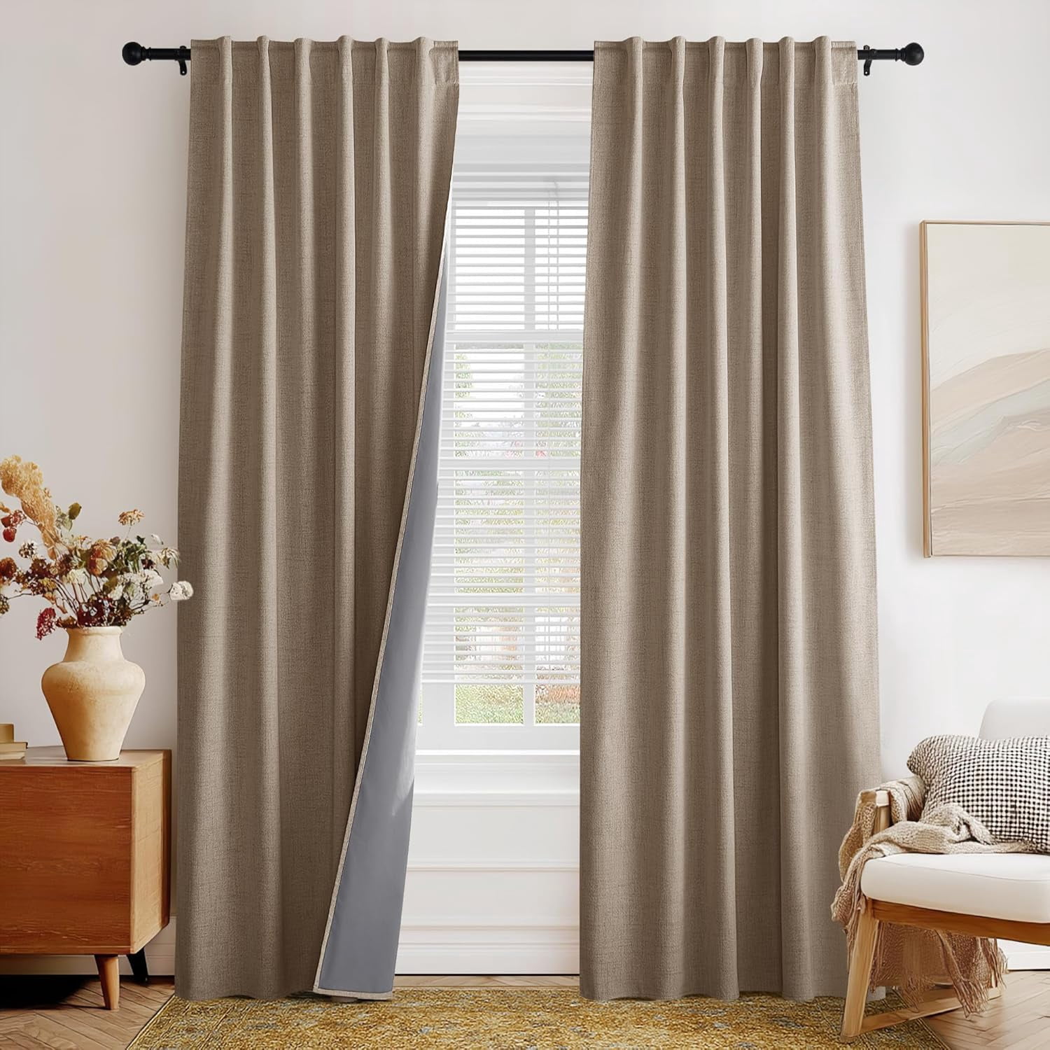 Linen 100% Blackout Curtains 95 inches Long for Bedroom Living Room