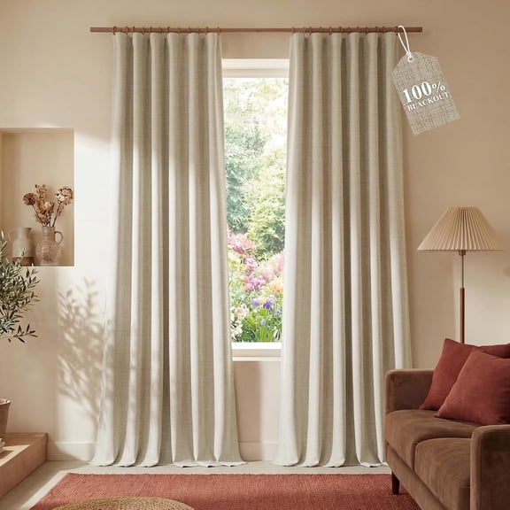 Linen 100% Blackout Curtains with Hook Belt for Pinch Pleat Look, Heavyweight 3-in-1 Construction Thermal Insulated Window Treatments for Bedroom, 2 Panels, Cream, W52 x L84