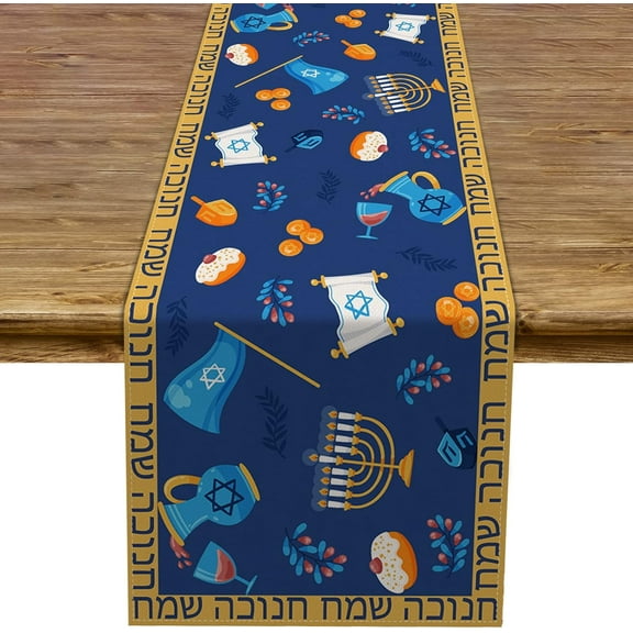 Linen 13.8x71'''' Hanukkah Table Runner Jewish Chanukah Dreidel Memorah Hebrew Table Decoration Kitchen Dinning Room Decoration