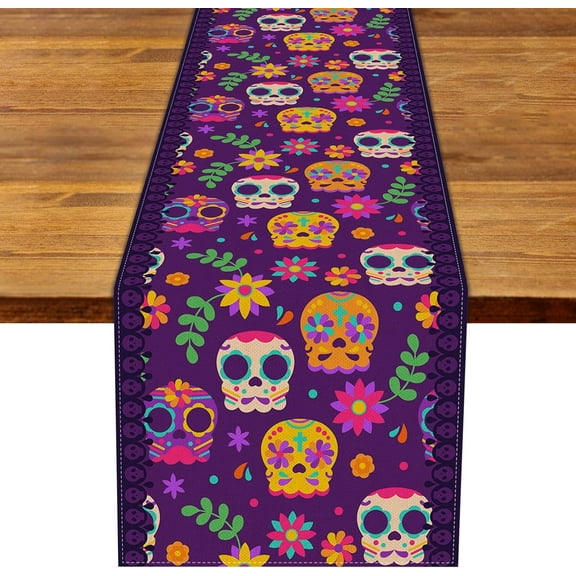Linen 13.8x71'''' Sugar Skull Table Runner Mexican Dia De Los Muertos Day of The Dead Marigold Table Decoration for Home Kitchen Dining Room
