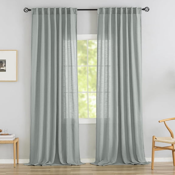 Linen 144 Inch Length Curtains for Tall Floor Ceiling Villa Living Room - Light Grey Bak Tab Hooks Pleated Easy Open Sliding Semi Sheer 144 inch Extra Long 2 Story Window Curtains,12 Foot Curtains