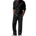 thumbnail image 1 of Linen 2 Piece Sets for Men Button Down Long Sleeve Shirts with pocket Casual Loose Fit Trousers Summer Beach Daily Wear Outfits Clothing Sets for Men Black L, 1 of 6