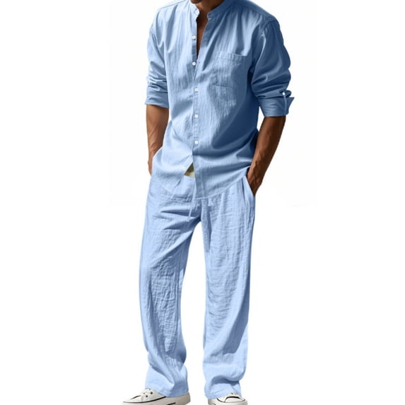 Linen 2 Piece Sets for Men Button Down Long Sleeve Shirts with pocket Casual Loose Fit Trousers Summer Beach Daily Wear Outfits Clothing Sets for Men Light Blue L