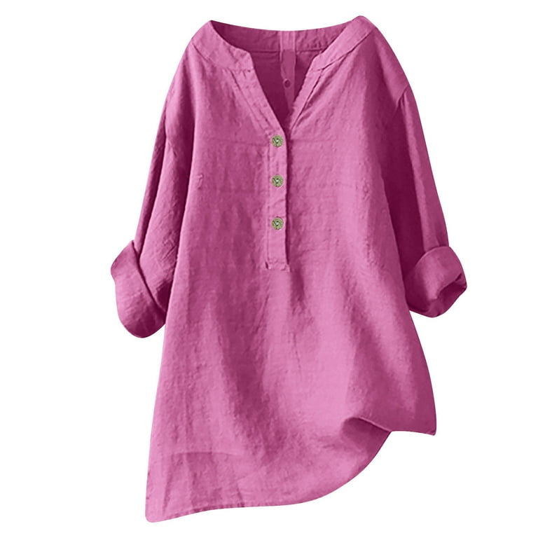 Linen 2024 Shirts for Women Button Down High Low Summer Cotton Tops Embroidered Spring Casual Oversized Dresses 3 4 Length Sleeve Solid Color Sheer Flowy Tunics Crinkle Gauze Long Sleeve Party Walmart...