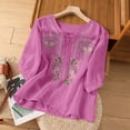 thumbnail image 1 of Linen 3/4 Sleeve Button Shirts Summer Boho Peasant Casual Gauze Clothes Embroidered Tops for Women Hot Pink XL, 1 of 6
