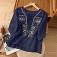 thumbnail image 1 of Linen 3/4 Sleeve Button Shirts Summer Boho Peasant Casual Gauze Clothes Embroidered Tops for Women Navy XXXXL, 1 of 6