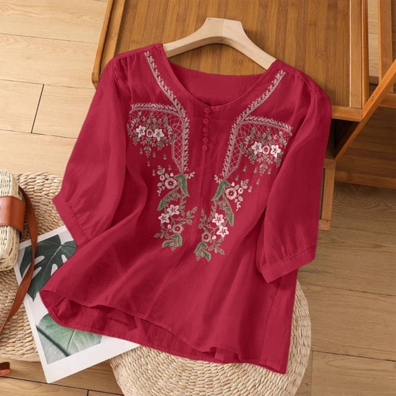 Linen 3/4 Sleeve Button Shirts Summer Boho Peasant Casual Gauze Clothes Embroidered Tops for Women Red M
