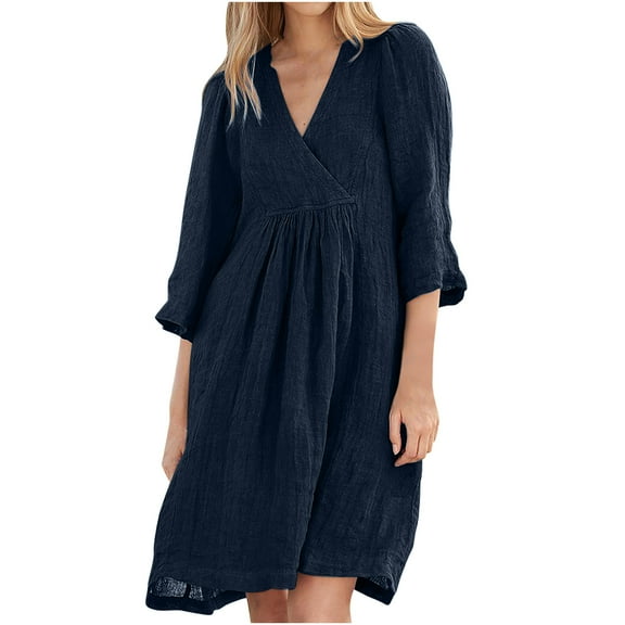 Linen 3/4 Sleeve Dress for Womens Deep V Neck Sundress Baggy Boho Pleated Sundress Cover Up Solid Basic Tunics Dresses Going Out Holiday Beach Outfits