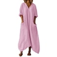 thumbnail image 1 of Linen 3/4 Sleeve Maxi Dresses for Women Summer Loose Long Dress Casual V Neck Solid Color Irregular Hem Flowy Sundresses Beach Vacation Ankle Length Swing Dresses with Pockets Fashion Outfits, 1 of 7