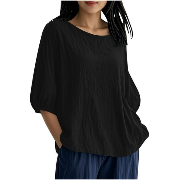 Linen 3/4 Sleeve Tops for Women Loose Casual Boat Neck Summer Fall T-Shirts Plus Size Lantern Sleeve Blouses (3XL, Black)