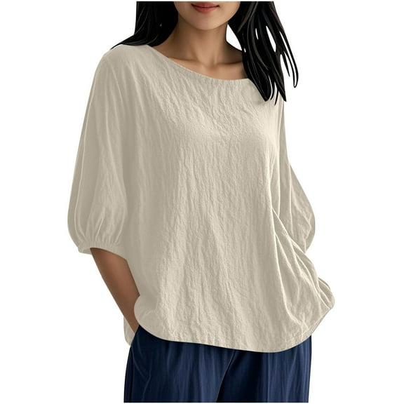 Linen 3/4 Sleeve Tops for Women Loose Casual Boat Neck Summer Fall T-Shirts Plus Size Lantern Sleeve Blouses (M, Beige)