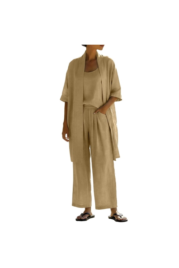 Linen 3 Piece Set For Women Linen 3 Piece Set For Women Beach Travel Set Boho Two Piece Sets For Women Linen 2 Piece Linen Set For Women Wide Leg Pants Lounge Set Linen Sets For Women