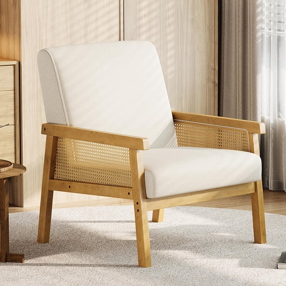 Linen Accent Chair, Rattan Armchair with Wooden Frame, High Back, Upholstered Reading Chair Leisure Chairs for Living Room Bedroom Waiting Room Reception, Beige
