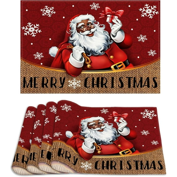 Linen African American Christmas Placemats Set of 4 Black Santa Christmas Table Mats Merry Christmas Decorations and Supplies for Home Table-12×18''''