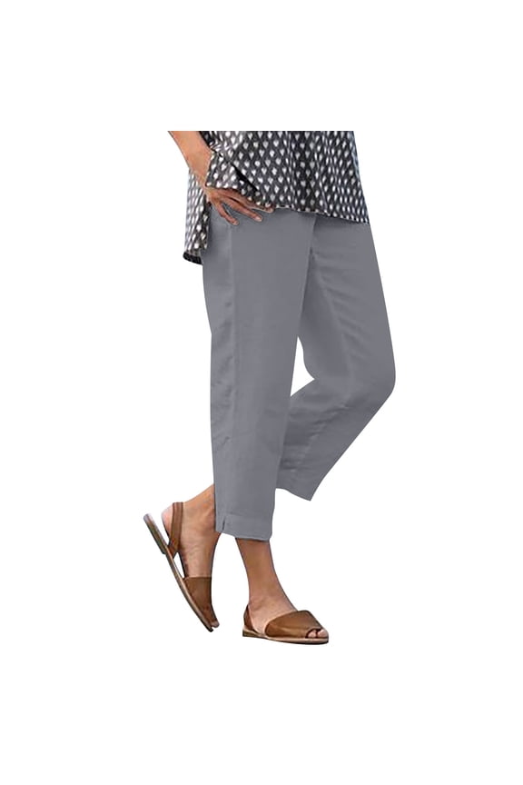 Linen Ankle Pants Women Lightweight Side Split Elastic Waisted Pant Comfy Solid Color Straight Leg Crop Trouser