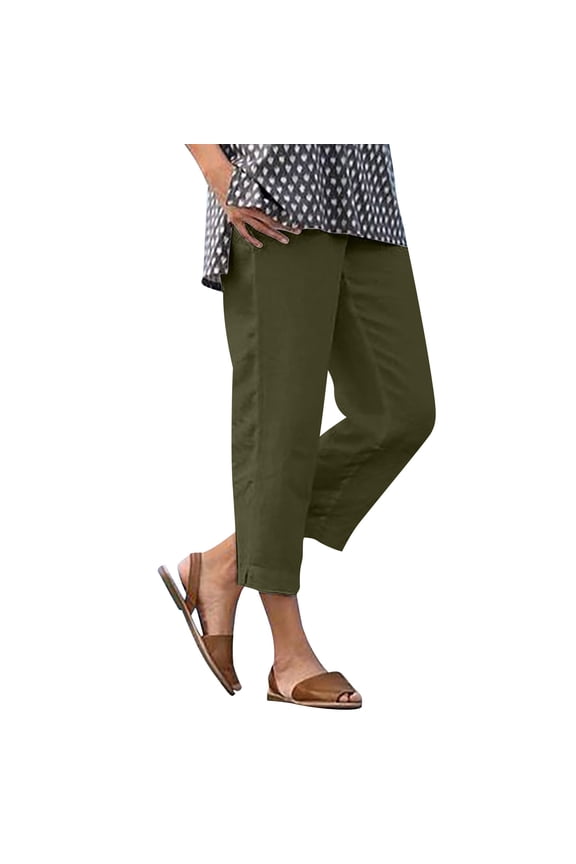 Linen Ankle Pants Women Lightweight Side Split Elastic Waisted Pant Comfy Solid Color Straight Leg Crop Trouser