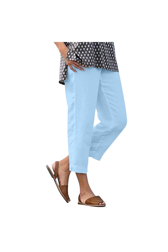 Linen Ankle Pants Women Lightweight Side Split Elastic Waisted Pant Comfy Solid Color Straight Leg Crop Trouser
