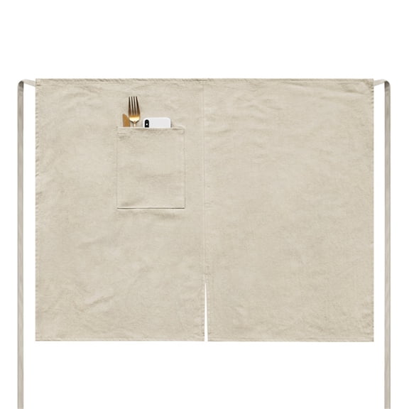 Linen Apron Bistro Half Apron with Pockets Waist Kitchen Apron for Cooking Waitress beige (straight insertion bag)