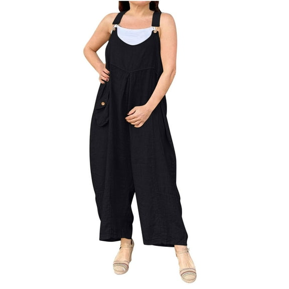 Linen Baggy Jumpsuit for Women Oversized Racerback Wide Leg Pants Rompers Loose One Piece Long Jumpsuits, Black, L