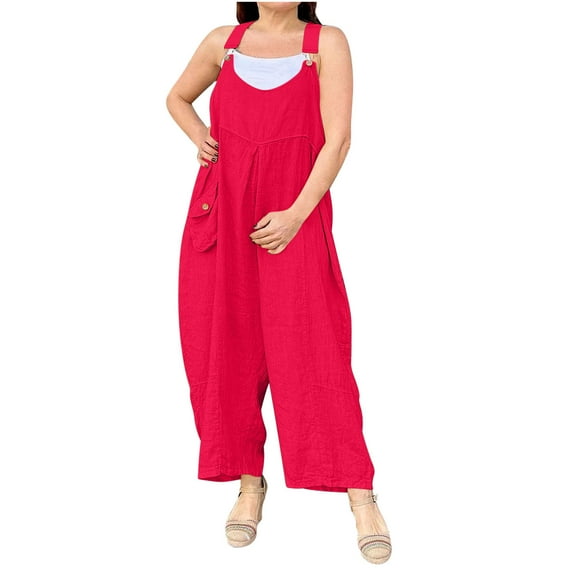 Linen Baggy Jumpsuit for Women Oversized Racerback Wide Leg Pants Rompers Loose One Piece Long Jumpsuits, Red, XXL