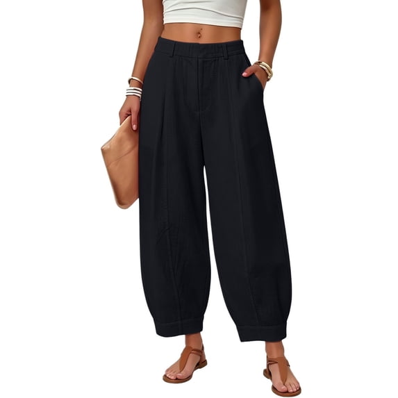 Linen Barrel Leg Pants Women Petite Pull On Cotton Palazzo High Waisted Balloon Pants Summer Casual Beach Boho Wide Leg Baggy Trousers Black M