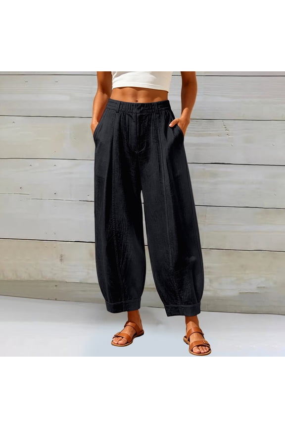 Linen Barrel Pants Women Cotton Palazzo High Waisted Balloon Pants Summer Casual Beach Boho Wide Leg Baggy Trousers(Black,L)