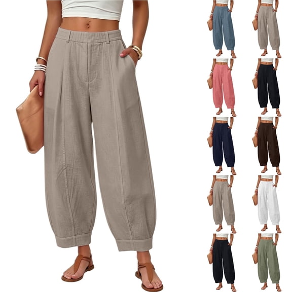 Linen Barrel Pants Women Cotton Palazzo High Waisted Balloon Pants Summer Casual Beach Boho Wide Leg Baggy Trousers, M