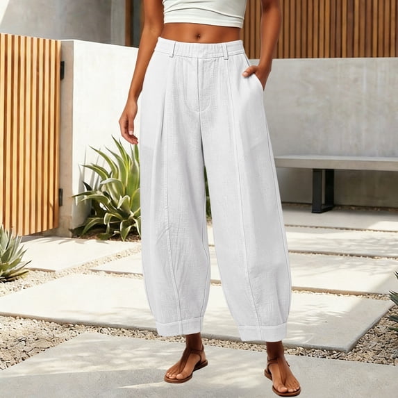 Linen Barrel Pants Women Cotton Palazzo High Waisted Balloon Pants Summer Casual Beach Boho Wide Leg Baggy Trousers White M