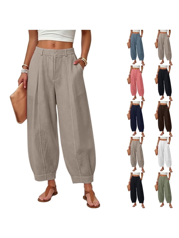 Linen Barrel Pants Women Palazzo High Waisted Balloon Pants Comfy Summer Vacation Boho Wide Leg Baggy Trousers Blue M