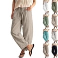 thumbnail image 1 of Linen Barrel Pants Women Wide Leg Palazzo Cotton Drawstring Capris Casual Summer Beach Vacation Boho Baggy Trousers, 1 of 5