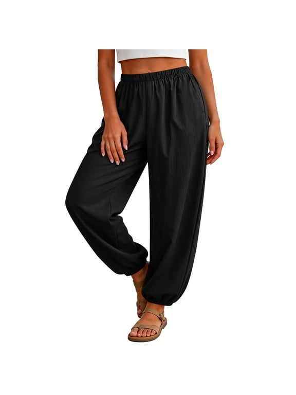 Linen Barrel Pants Women Wide Leg Palazzo Summer Baggy Harem Pants Boho Casual Trousers with Pockets Beach Vacation