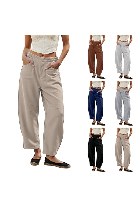 Linen Barrel Pants for Women Flowy Elastic Waist Wide Leg Cropped Pants Summer Casual Beach Lounge Pant with Pockets, L