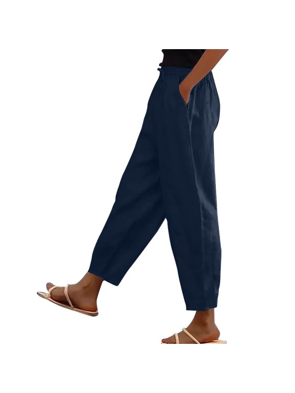 Linen Barrel Pants for Women Wide Leg Palazzo Cotton Drawstring Capris Casual Summer Beach Vacation Boho Baggy Trousers Pull On Dark Blue M