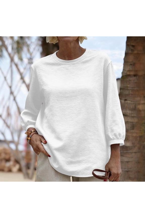 Linen Basic Sweatshirt for Women Crewneck Three Quarter Lantern Sleeve Loose Fit Soft Comfy Daily Pullover
