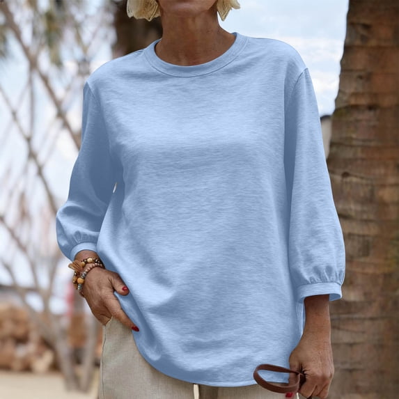 Linen Basic Sweatshirt for Women Crewneck Three Quarter Lantern Sleeve Loose Fit Soft Comfy Daily Pullover