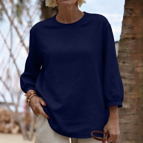 Linen Basic Sweatshirt for Women Crewneck Three Quarter Lantern Sleeve Loose Fit Soft Comfy Daily Pullover