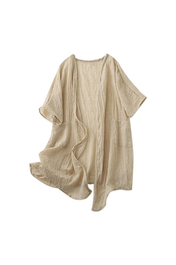 Linen Beach Cardigan Women 2025 - Lightweight Open Front Pocket Cover Up Kimono Short Sleeve Flowy Vacation Resort Wear Summer Fall Coastal Grandmother Style Effortless Chic