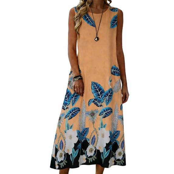 Linen Beach Dress for Women with Pockets Floral Print Sleeveless Crew Neck Loose Summer Casual Dress Calf Length (XL, Orange)
