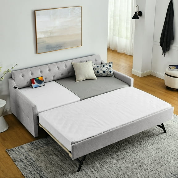 Linen Beige Daybed For Twin Size, With Charging And Movable Trundle, Mid-century Flair, Solid Frame, 82''x41''x33' Function Adjustable Element, Framework,