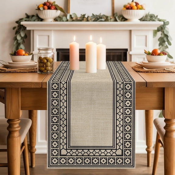 Linen Beige Dining Table Runner, Black Diamond Pattern Border Rustic Southwestern Washable Table Runners Kitchen Coffee Table Center Decor for Home Party Holiday Wedding 13 x 90 Inches