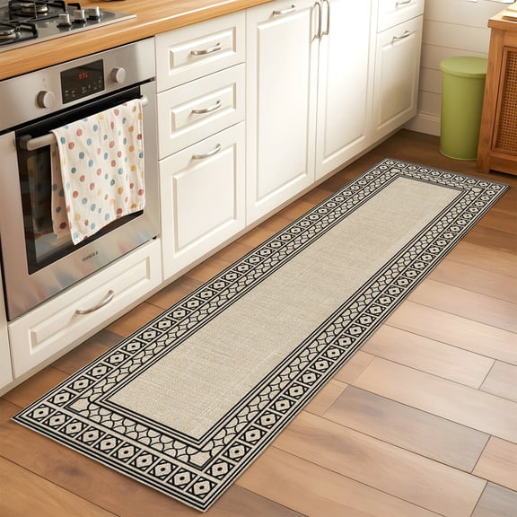 Linen Beige Hallway Washable Runner Rug 2x6 Black Diamond Pattern Border Rustic Southwestern Low-Profile Area Rugs with Non Slip Backing Indoor Floor Carpet for Entrance Living Room Bedroom