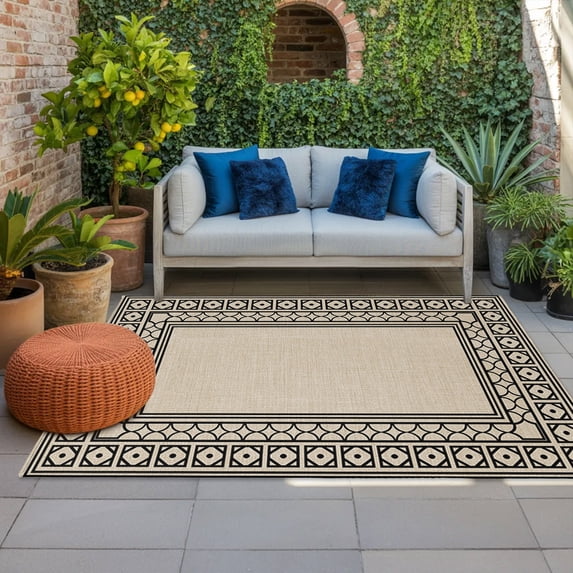 Linen Beige Indoor Outdoor Rugs 5x8 Ft, Black Diamond Pattern Border Rustic Southwestern Outdoor Patio Rugs Mat Washable Outside Area Rugs Carpet for Porch Deck RV Camping Pool Balcony Backyard
