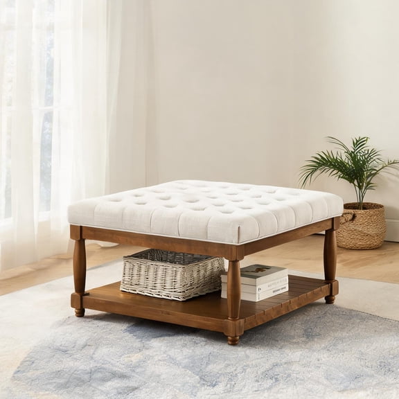Linen Beige Large Square Tufted Ottoman Coffee Table with Open Storage Shelf, Classic Style