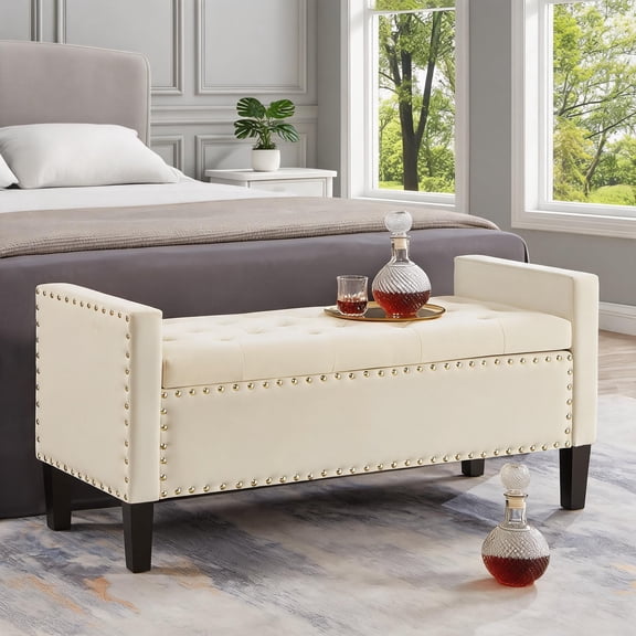 Linen Beige Luxury Storage Bench, Velvet Upholstered 2-Seat Tufted Nail Trim Entryway Bed Bench