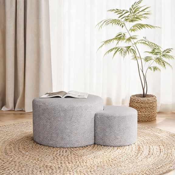 Linen Beige Nesting Ottoman Coffee Table Set, Multipurpose for Living Room Bedroom Entryway