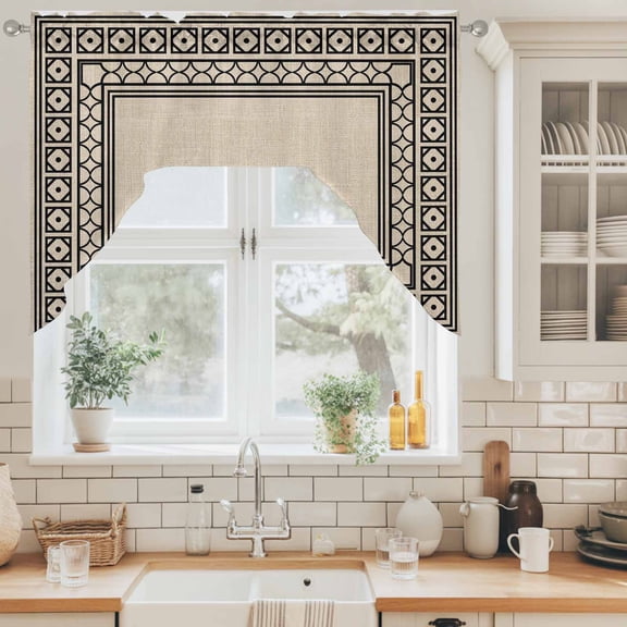 Linen Beige Swag Valance for Windows, Black Diamond Pattern Border Rustic Southwestern Swag Curtains Valances for Small Window Treatment Rod Pocket for Kitchen Bathroom 1 Panel 56x36in