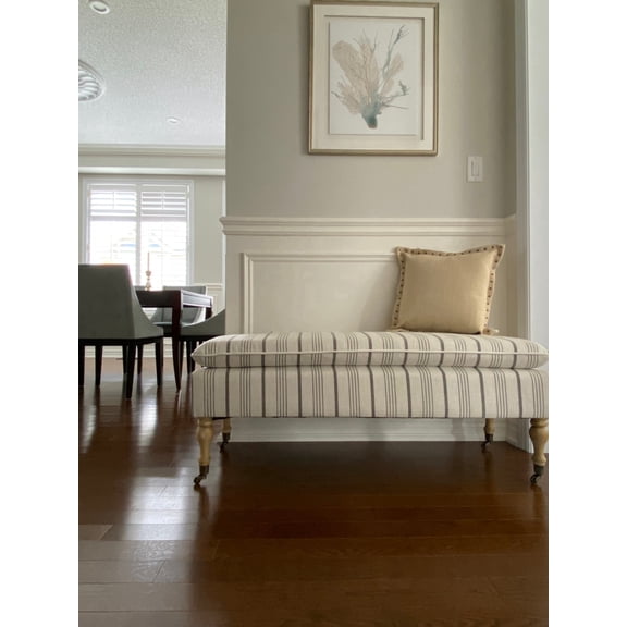 SEAT4U Neutral Linen with Gray Ticking Fabric Upholstered Pillow Seat Top 48" Rovigo Wooden Ottoman Bench
