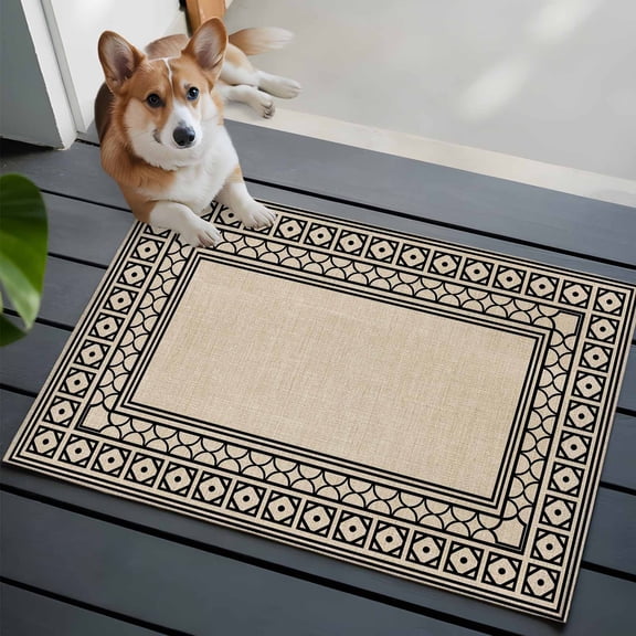 Linen Beige Washable Entry Rug 2x3 Black Diamond Pattern Border Rustic Southwestern Low-Profile Area Rugs with Non Slip Backing Indoor Floor Carpet for Entrance Living Room Bedroom Home Office