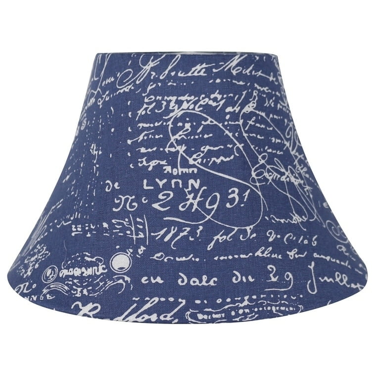 Blue Linen Bell Lampshade with White Script, 14"
